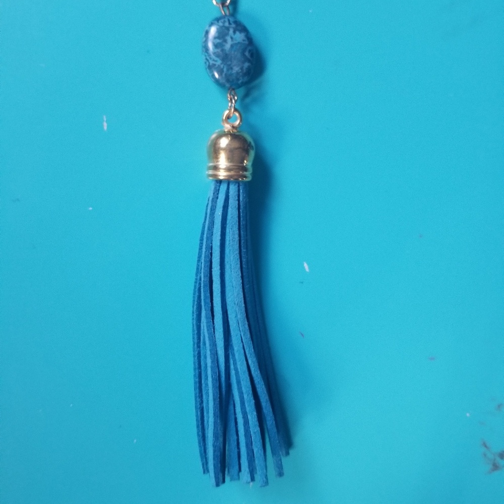 Dark blue leather tassel & stone necklace